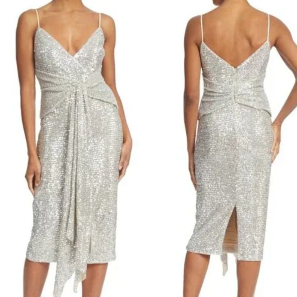 Badgley Mischka Silver Sequin Cocktail Dress – Disco-Inspired, Size 8